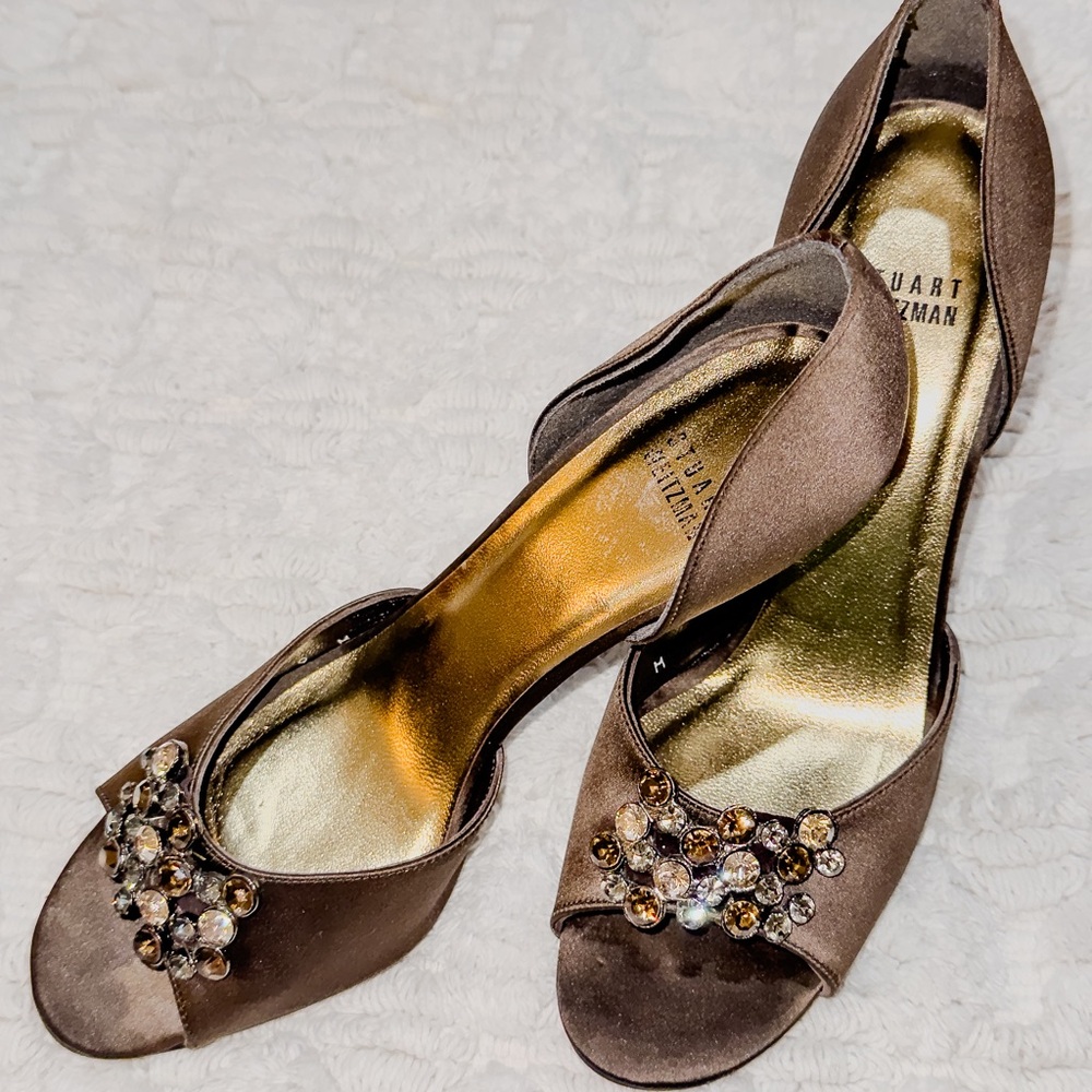 Stuart Weitzman Brown Satin Open-Toe Heels with Crystal Accent Size 9